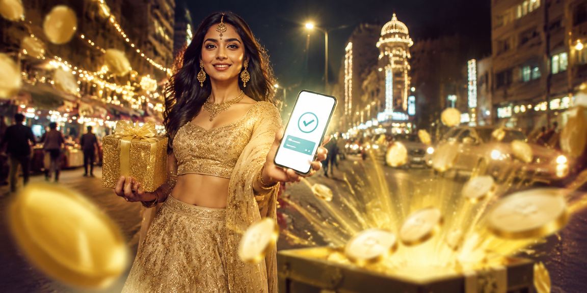 Indian player enjoying Teen Patti on smartphone in a lively urban setting